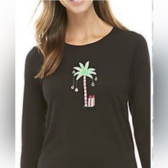 HUE black long sleeved Christmas palm tree tee, size S. - Picture 1 of 6